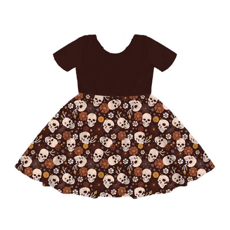 (Custom Design Preorder MOQ 5) Skull Flowers Print Girls Knee Length Halloween Dress