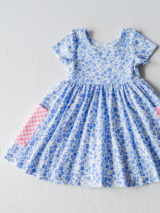 (Custom Design Preorder MOQ 5) NO.9 Blue Flowers Print Pockets Girls Knee Length Summer Dress