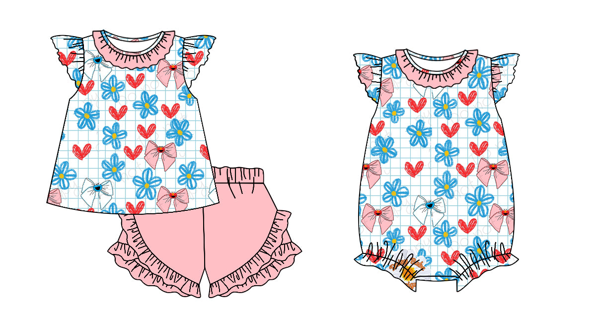 12.26(Custom Design Preorder MOQ 5 Each Design) Cartoon Street Flowers Bows Print Girls Summer Matching Clothes Sisters Wear