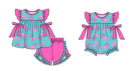 11.13(Custom Design Preorder MOQ 5 Each Design) Cherry Bows Pink Print Girls Summer Matching Clothes Sisters Wear