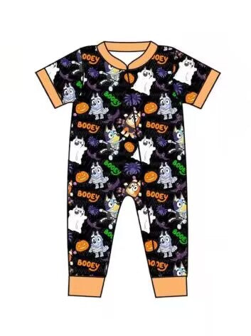 (Custom Design Preorder MOQ 5) Cartoon Dog Pumpkin Black Print Baby Halloween Sleeper Zipper Romper