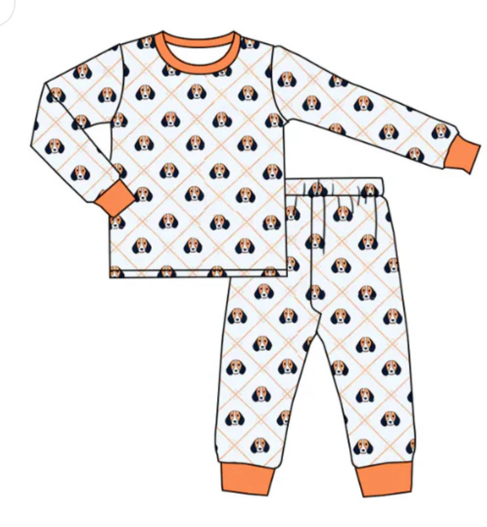 (Custom Design Preorder MOQ 5) Team's Tennessee Dog Print Boys Fall Pajamas Clothes Set