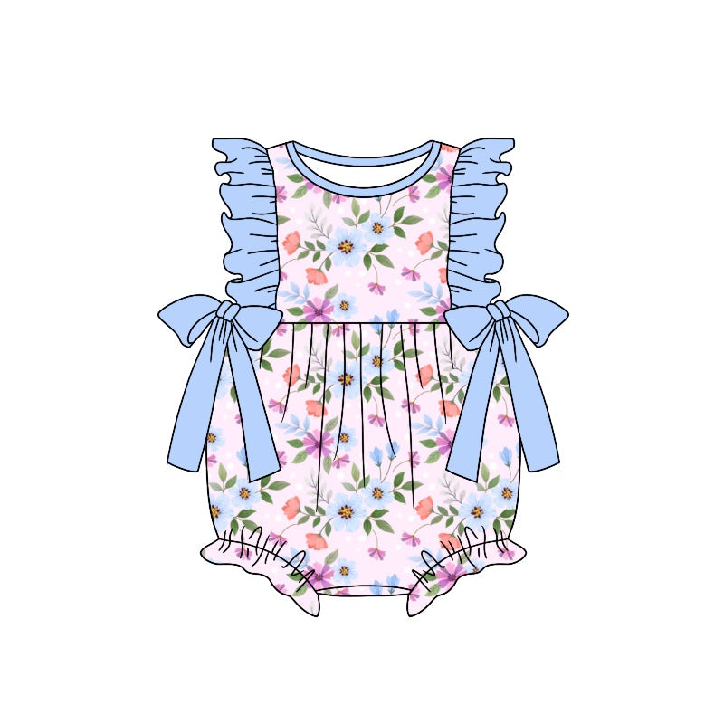 (Custom Design Preorder MOQ 5) Blue Flowers Print Baby Girls Summer Romper