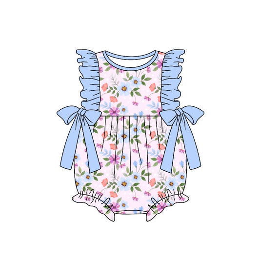 (Custom Design Preorder MOQ 5) Blue Flowers Print Baby Girls Summer Romper