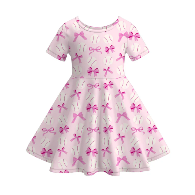 (Custom Design Preorder MOQ 5) Baseball Bows Pink Print Girls Summer Knee Length Dress