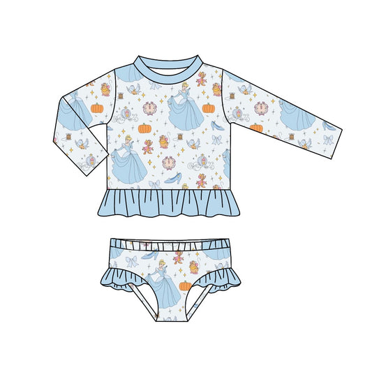 (Custom Design Preorder MOQ 5) Princess Pumpkin Print Girls 2 Pieces Long Sleeve Swimsuits