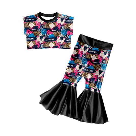 (Custom Design Preorder MOQ 5) Turquoise Leopard Hat Cowgirl Print Bell Pants Girls Western Clothes Set