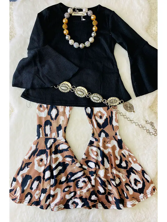 (Custom Design Preorder MOQ 5) Black Top Leopard Bell Pants Girls Fall Clothes Set