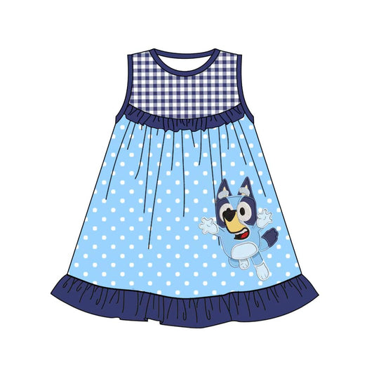 (Custom Design Preorder MOQ 5) Cartoon Dog Blue Print Girls Sleeveless Knee Length Dress