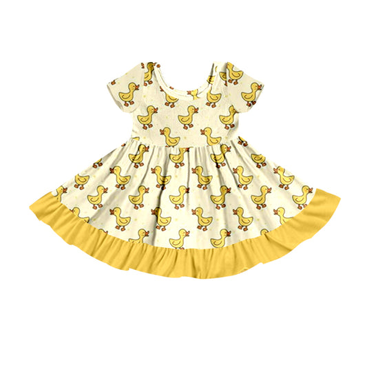 (Custom Design Preorder MOQ 5) Cute Yellow Duck Print Girls Knee Length Dress
