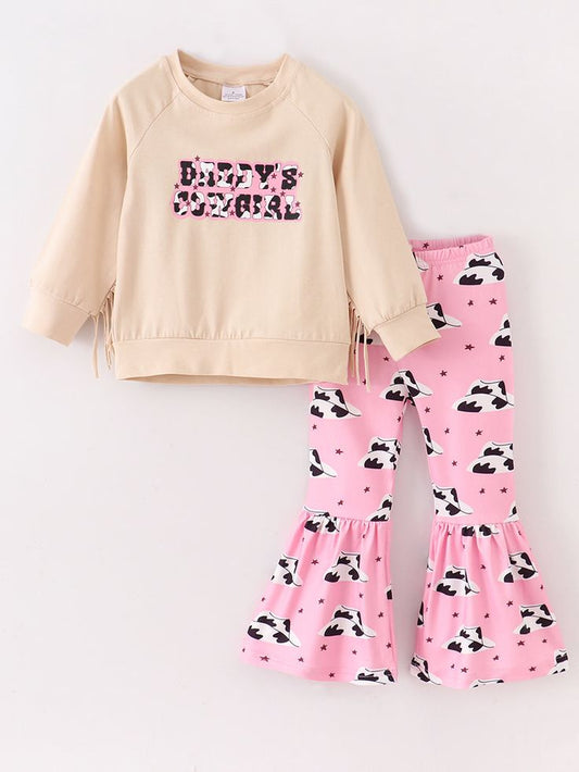 (Custom Design Preorder MOQ 5) Daddy's Cowgirl Top Hat Bell Pants Girls Western Clothes Set