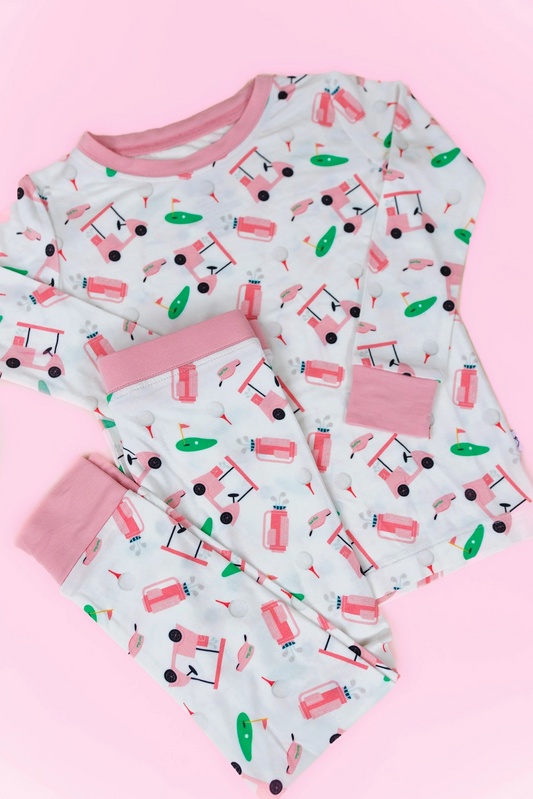 (Custom Design Preorder MOQ 5)  Pink Golf Trucks Print Girls Fall Pajamas Clothes Set