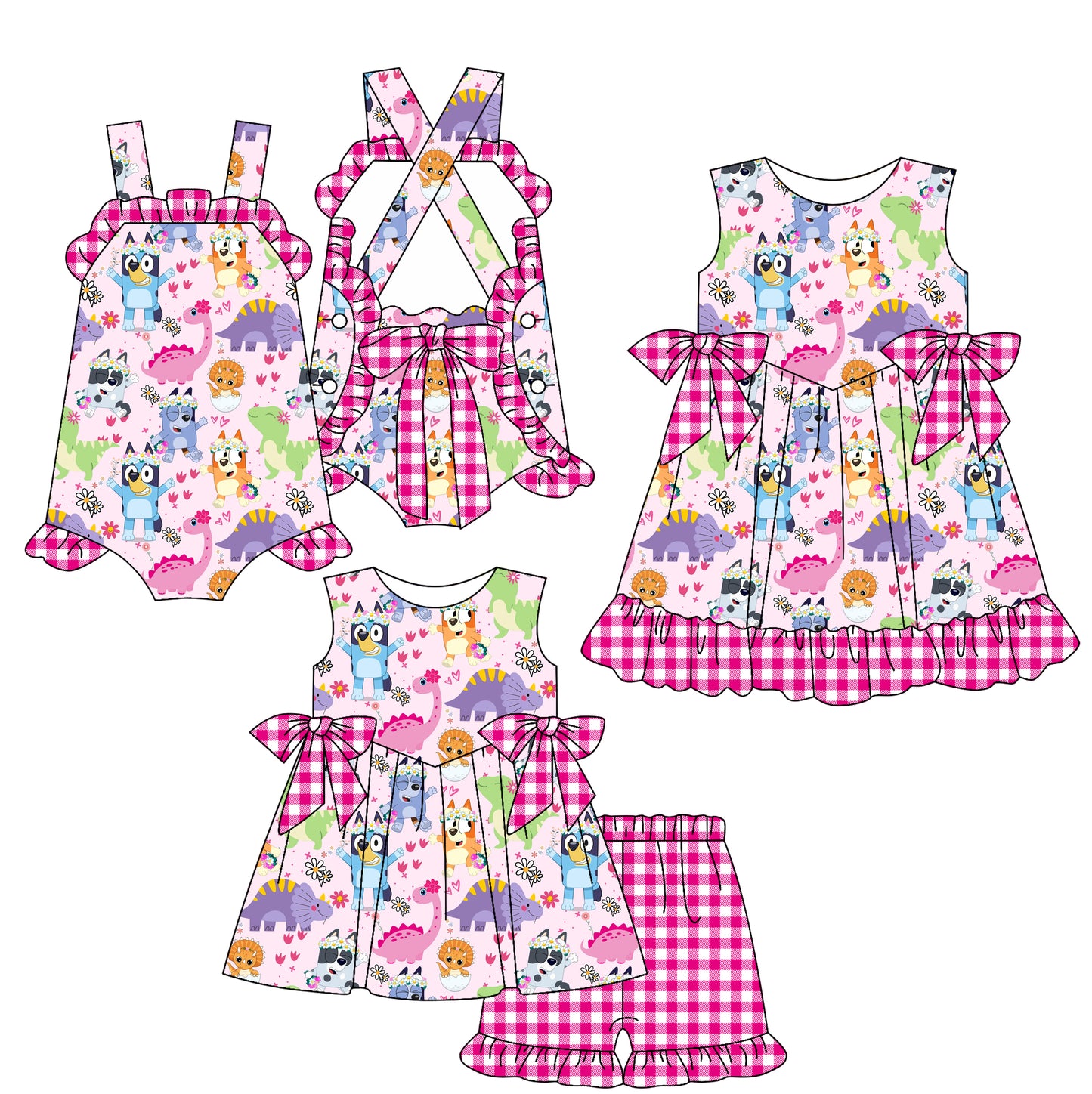 3.7(Custom Design Preorder MOQ 5 Each Design) Cartoon Dog Flowers Dino Print Girls Summer Matching Clothes Sisters Wear