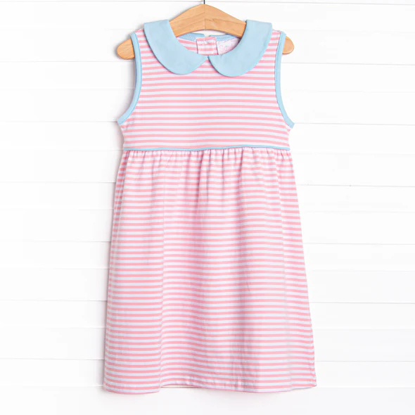 (Custom Design Preorder MOQ 5) Pink Stripes Print Girls Knee Length Summer Dress