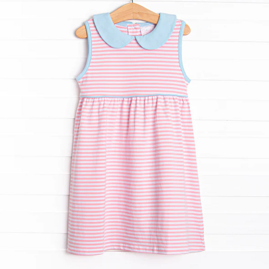 (Custom Design Preorder MOQ 5) Pink Stripes Print Girls Knee Length Summer Dress