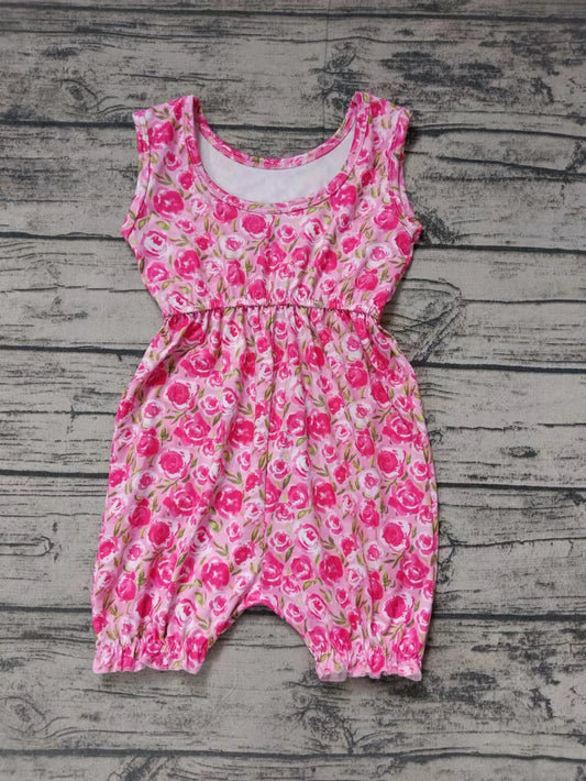 (Custom Design Preorder MOQ 5) Hot Pink Flowers Print Girls Summer Jumpsuits