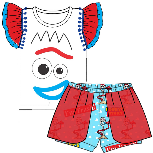 (Custom Design Preorder MOQ 5) Cartoon Fork Print Girls Summer Clothes Set