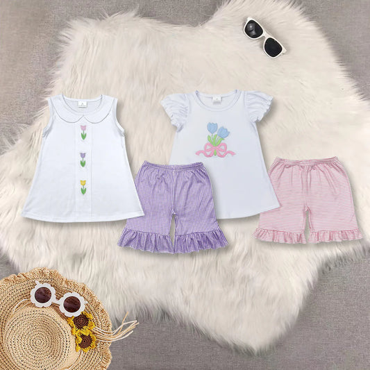Flowers Embroidery White Top Shorts Girls Summer Clothes Set Sisters Wear