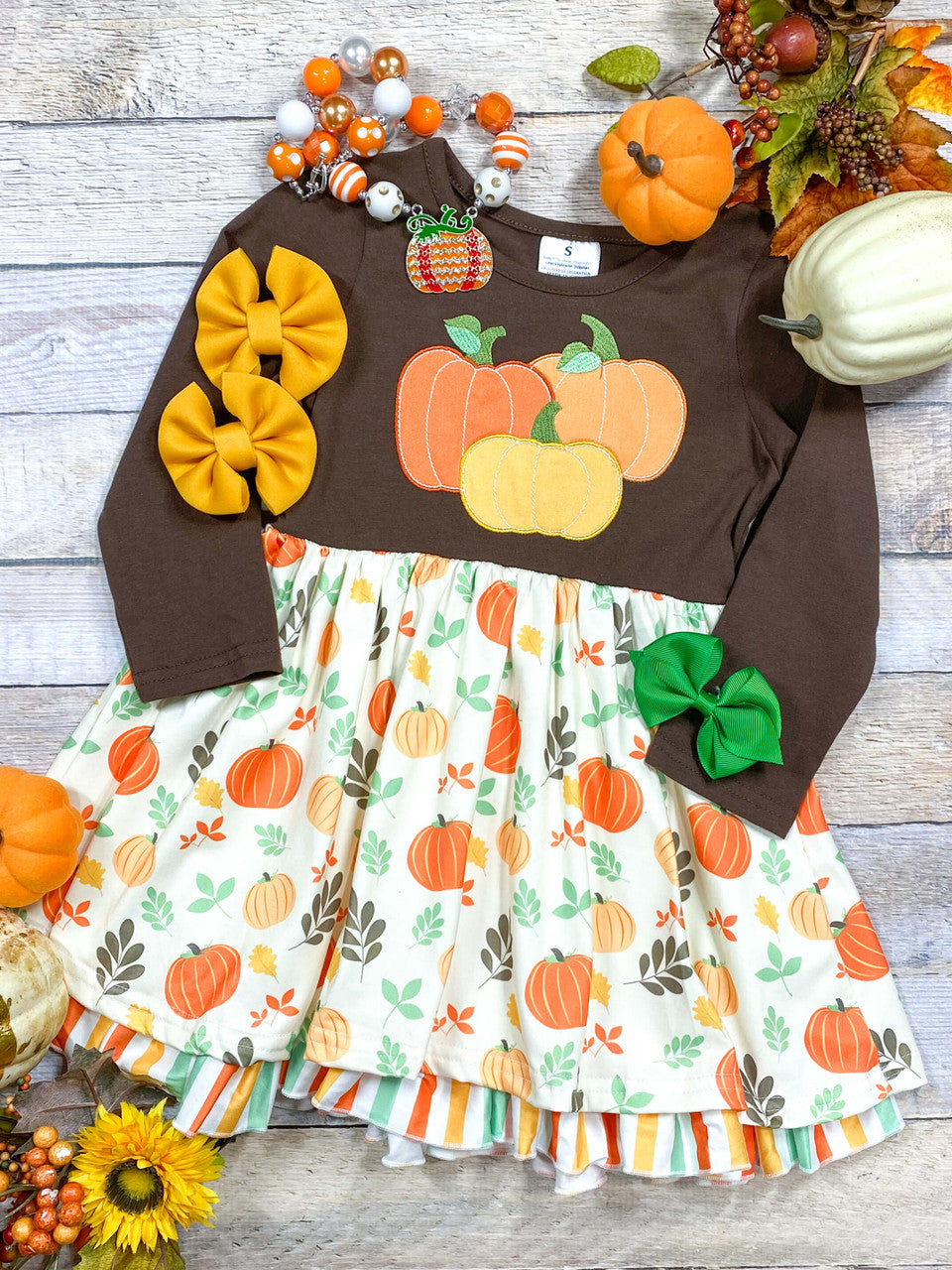 (Custom Design Preorder MOQ 5) Pumpkin Print Girls Knee Length Fall Dress