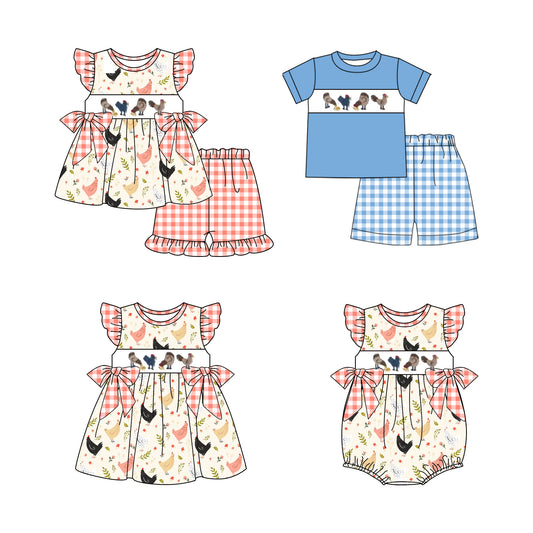 4.1(Custom Design Preorder MOQ 5 Each Design) Chichken Print Kids Summer Matching Clothes Sibling Wear