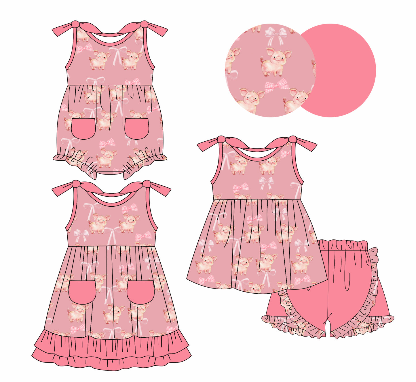 1.6(Custom Design Preorder MOQ 5 Each Design) Pig Pink Bows Print Girls Summer Matching Clothes Sisters Wear