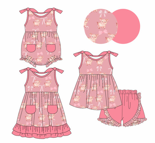 1.6(Custom Design Preorder MOQ 5 Each Design) Pig Pink Bows Print Girls Summer Matching Clothes Sisters Wear
