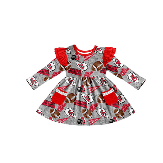 (Custom Design Preorder MOQ 5)  Team's KC Gray Print Girls Fall Knee Length Pockets Dress