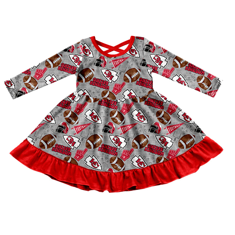 (Custom Design Preorder MOQ 5)  Team's KC Gray Print Girls Fall Knee Length Ruffle Dress