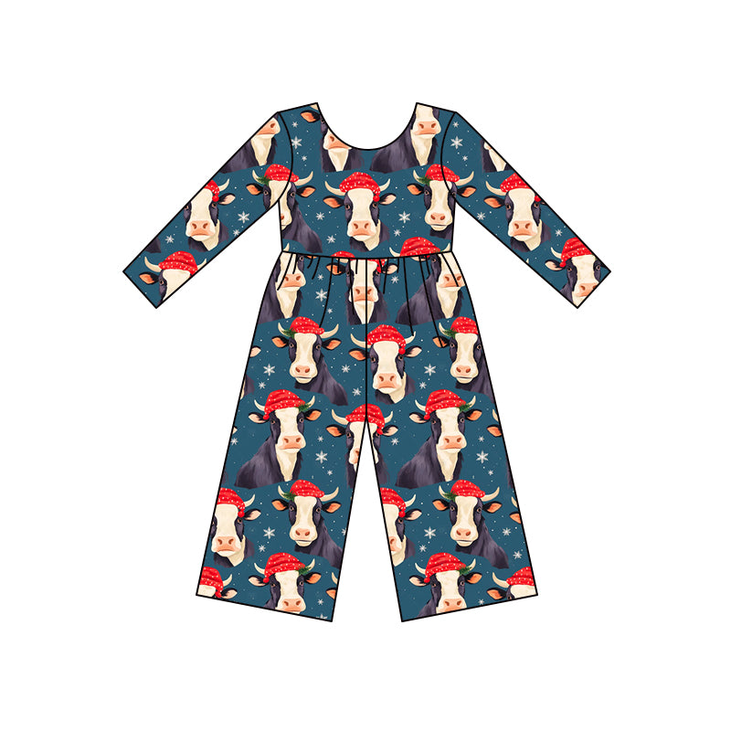 (Custom Design MOQ 5) Cows Print Girls Christmas Jumpsuits