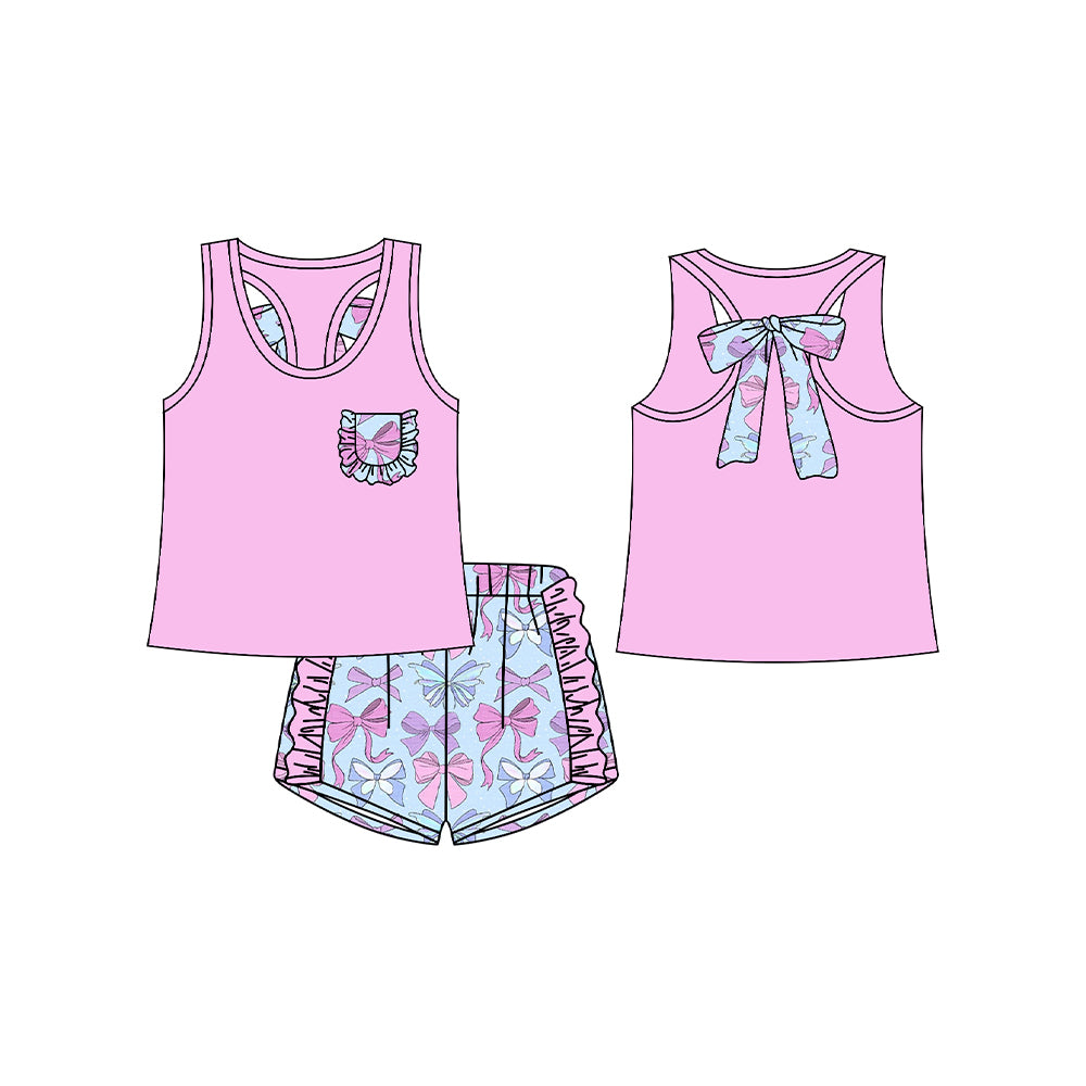 12.14(Custom Design Preorder MOQ 5) Pink Pocket Vest Top Bows Shorts Girls Summer Clothes Set