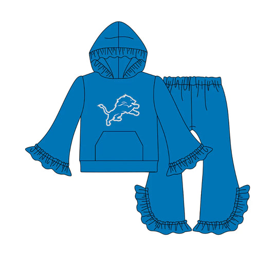 (Custom Design Preorder MOQ 5) Team's Lions Print Hoodie Top Ruffle Pants Girls Fall Clothes Set