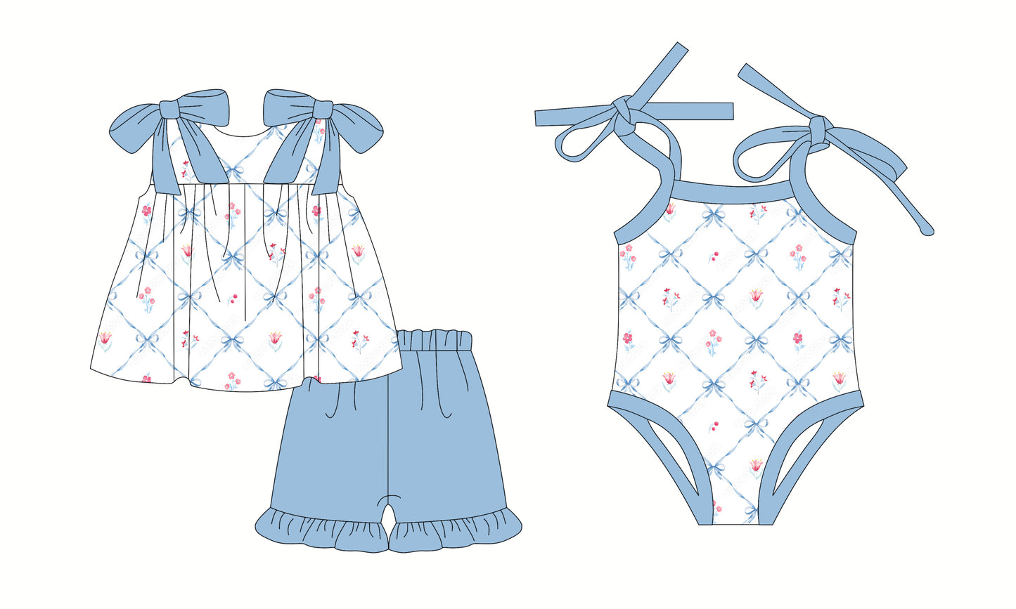 2.24(Custom Design Preorder MOQ 5 Each Design) Small Flowers Blue Print Girls Summer Matching Clothes Sisters Wear