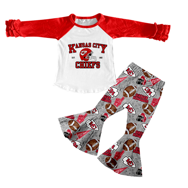 (Custom Design Preorder MOQ 5) Team's KC Red Gray Print Raglan Sleeves Top Bell Pants Girls Fall Clothes Set