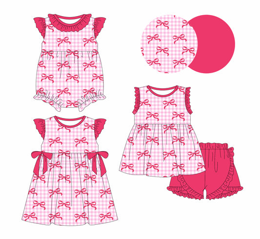 1.4(Custom Design Preorder MOQ 5 Each Design) Pink Bows Plaid Print Girls Summer Matching Clothes Sisters Wear