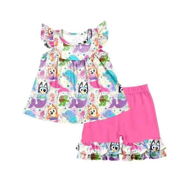 (Custom Design Preorder MOQ 5)  Cartoon Dog Mermaid Top Hotpink Shorts Girls Summer Clothes Set