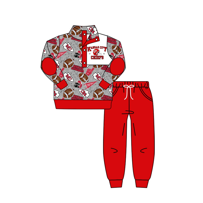 (Custom Design Preorder MOQ 5) Team's KC Gray Top Red Pants Boys Fall Clothes Set