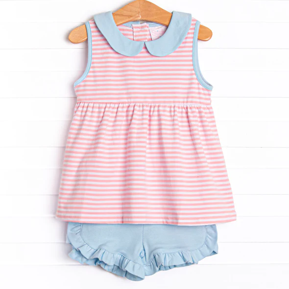 (Custom Design Preorder MOQ 5) Pink Stripes Tunic Top Blue Shorts Girls Summer Clothes Set