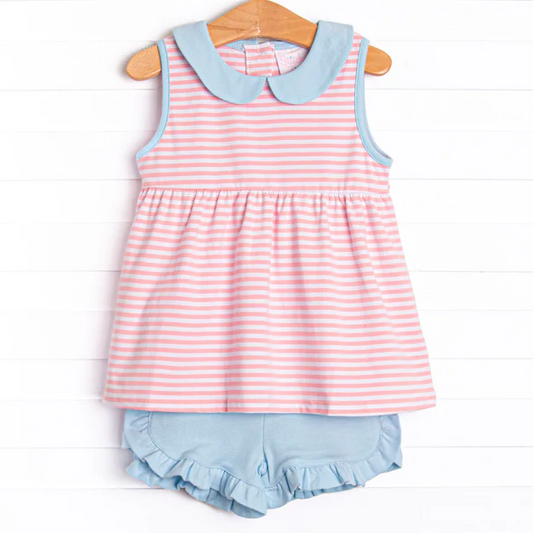 (Custom Design Preorder MOQ 5) Pink Stripes Tunic Top Blue Shorts Girls Summer Clothes Set