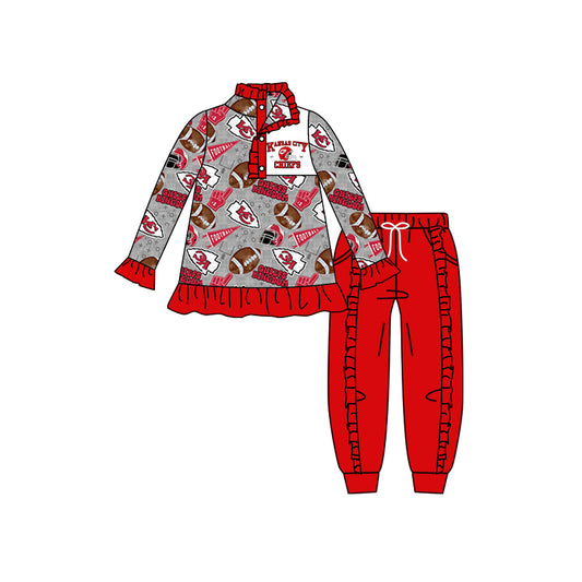 (Custom Design Preorder MOQ 5) Team's KC Gray Top Red Pants Girls Fall Clothes Set