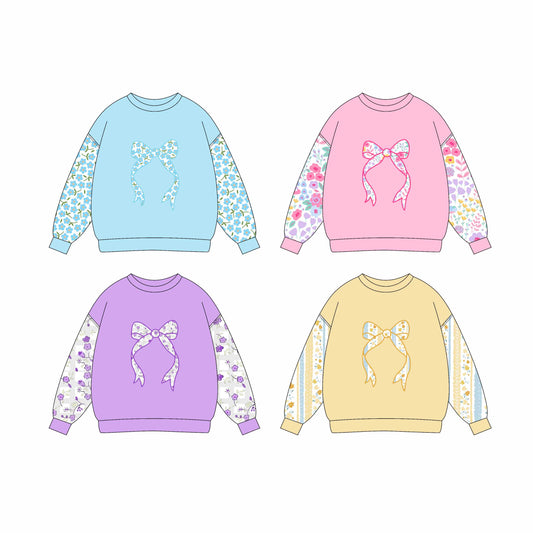 5.1(Custom Design Preorder MOQ 5 Each Item ) 4 Colors Bows Flowers Print Girls Long Sleeve Tee Shirts Top