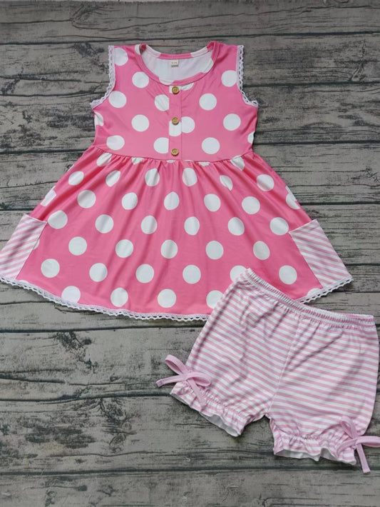 (Custom Design Preorder MOQ 5)  Pink Dots Tunic Top Stripes Shorts Girls Summer Clothes Set