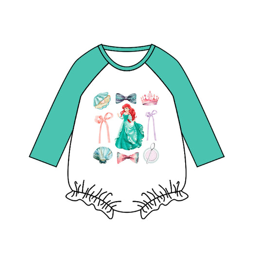 (Custom Design Preorder MOQ 5) Cartoon Princess Green Print Baby Girls Romper