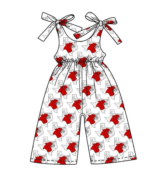(Custom Design Preorder MOQ 5 ) Team's TX Cow Red Print Girls Summer Jumpsuits