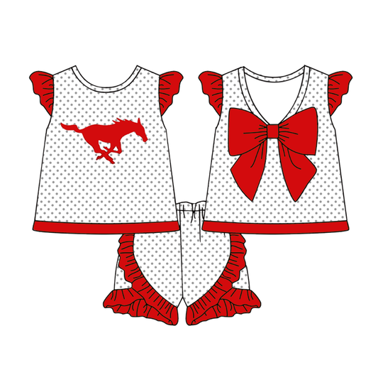(Custom Design Preorder MOQ 5 ) Team's Horse Top Ruffle Shorts Girls Summer Clothes Set
