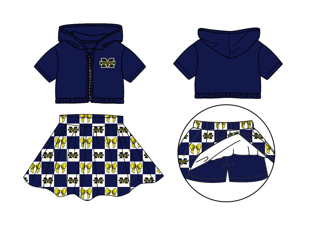 (Custom Design Preorder MOQ 5 Each Color) Team's Michigan Bows Plaid Print Girls Summer Clothes Sisters Matching Wear