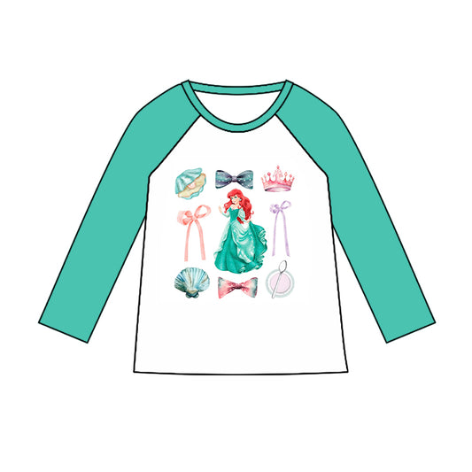 (Custom Design Preorder MOQ 5) Cartoon Princess Green Print Girls Tee Shirts Top
