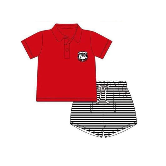 (Custom Design Preorder MOQ 5)  Team's Georgia Red Polo Top Stripes Shorts Boys Summer Clothes Set