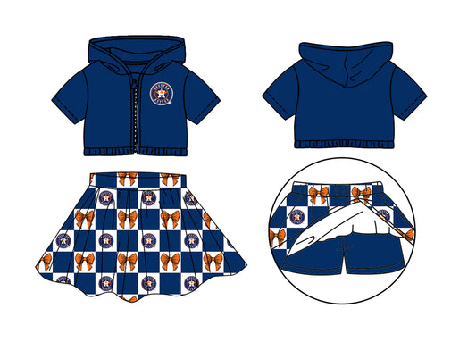 (Custom Design Preorder MOQ 5 Each Color) Team's Houston Astros Bows Plaid Print Girls Summer Clothes Sisters Matching Wear