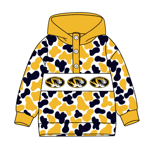 (Custom Design Preorder MOQ 5) Team's Missouri Tigers Camo Print Kids Long Sleeve Buttons Hoodie Top