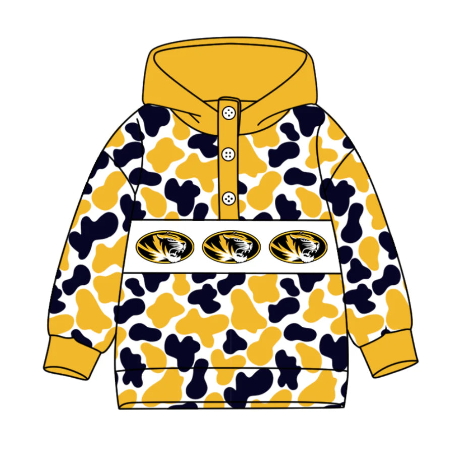 (Custom Design Preorder MOQ 5) Team's Missouri Tigers Camo Print Kids Long Sleeve Buttons Hoodie Top